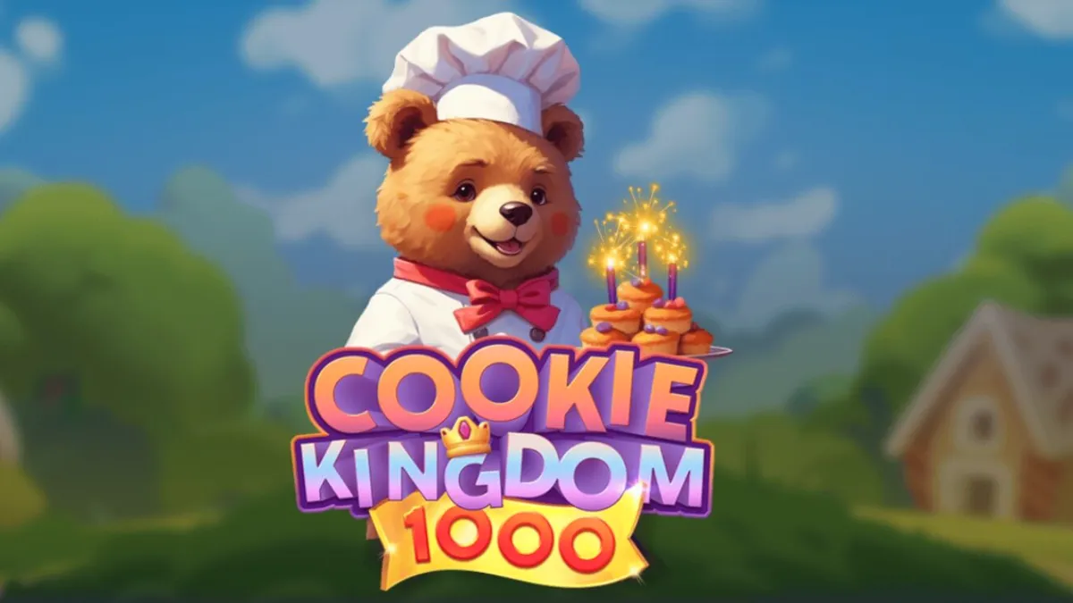 Tampilan visual permainan slot Cookie Kingdom 1000 dengan tema permen dan karakter beruang