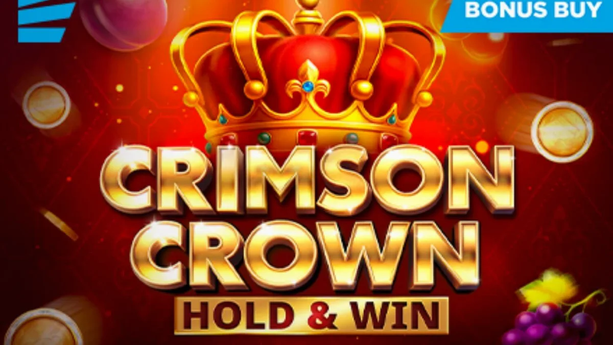 Tampilan visual slot Crimson Crown dengan simbol buah 3D dan latar belakang mewah berwarna merah dan emas.
